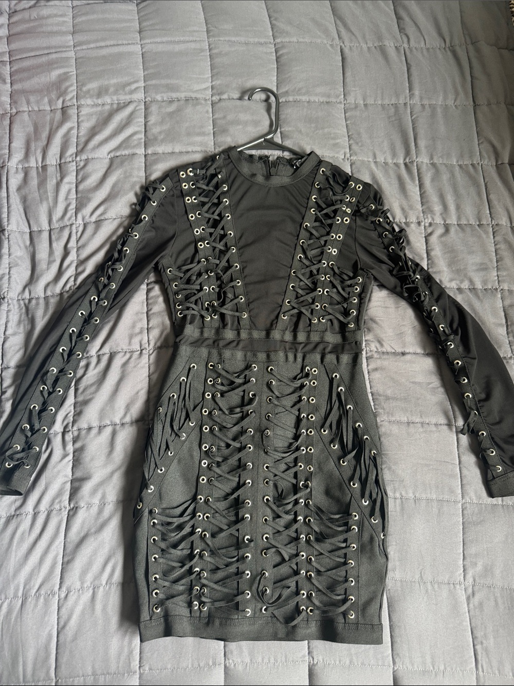 Fashion Nova Black Lace-Up Long Sleeve Bodycon Dress with Grommets